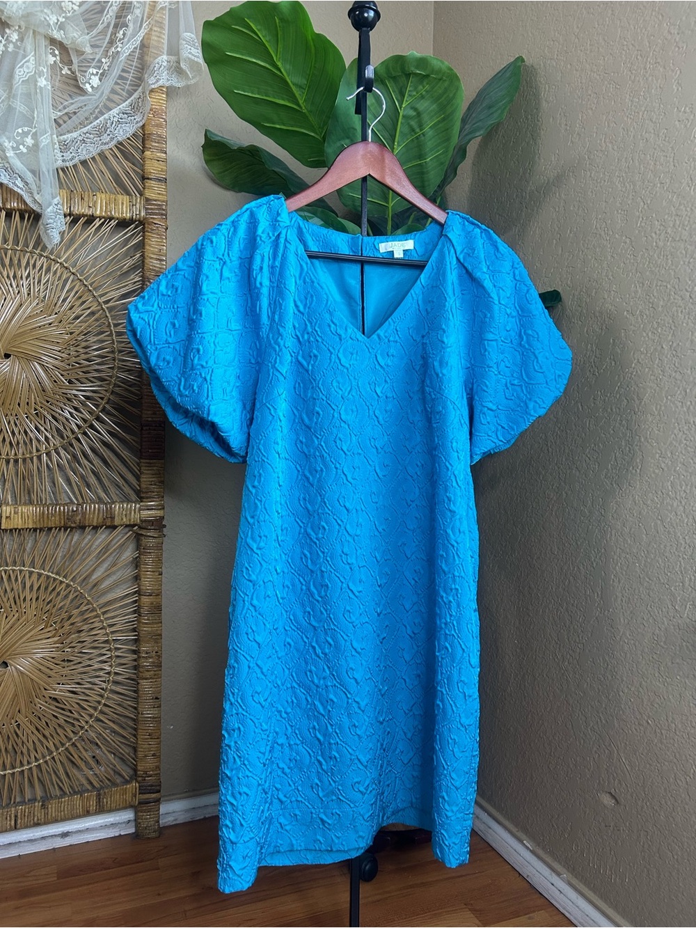 Jade by Melody Tam blue textured puff sleeve dress small
